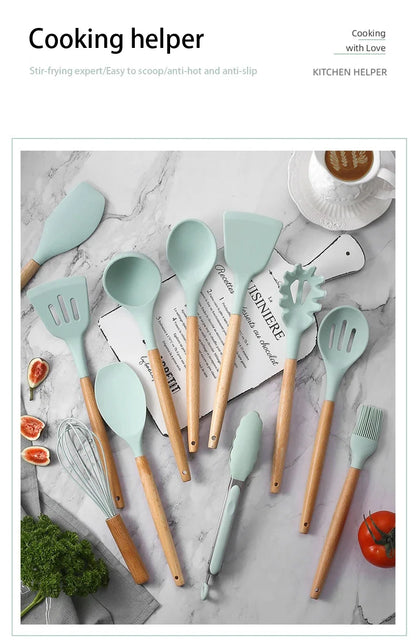 12pcs Set of Multi-color Silicone Wooden Handle Kitchenware Set Non Stick Pot Spatula and Spoon Cooking Utensils, Heat-resistant