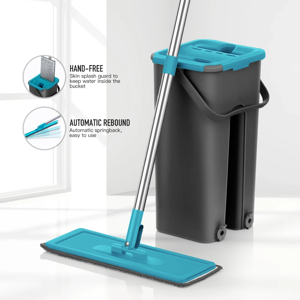 Flat Squeeze Mop and Bucket Hand Free Wringing Floor Cleaning Mop Microfiber Mop Pads Wet or Dry