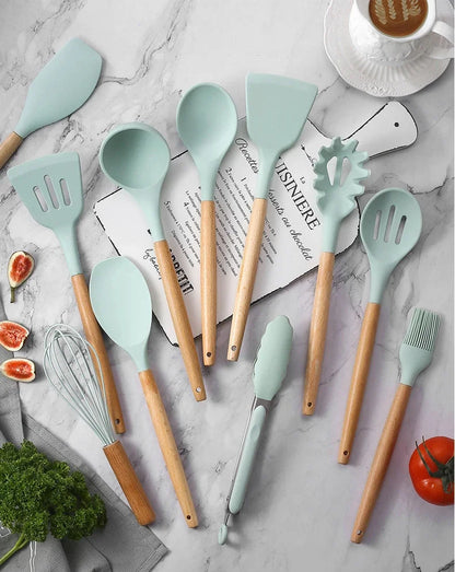 12pcs Set of Multi-color Silicone Wooden Handle Kitchenware Set Non Stick Pot Spatula and Spoon Cooking Utensils, Heat-resistant