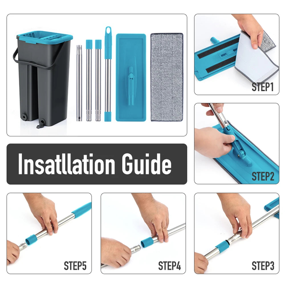 Flat Squeeze Mop and Bucket Hand Free Wringing Floor Cleaning Mop Microfiber Mop Pads Wet or Dry